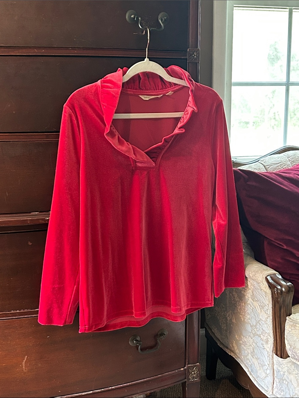 Marlee Ruffle Velvet Top Red Velvet Ruffle V-Neck Top - Picture 2 of 7